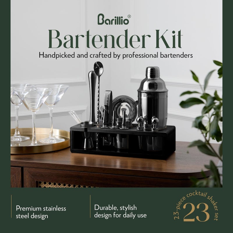 Barillio Black Bartender Kit - Stainless-Steel Cocktail Shaker Set w/Black Bamboo Stand - Mixology Bar Tools w/Drink Shaker  Mixer and Muddler for Cocktails - Home Bar Accessories - 23-Pc Bar Set - Image 2